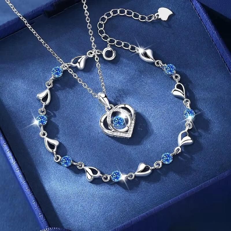 925 Sterling Silver Heart Blue Crystal Necklace & Bracelet Set for Women