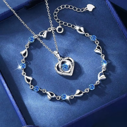 925 Sterling Silver Heart Blue Crystal Necklace & Bracelet Set for Women