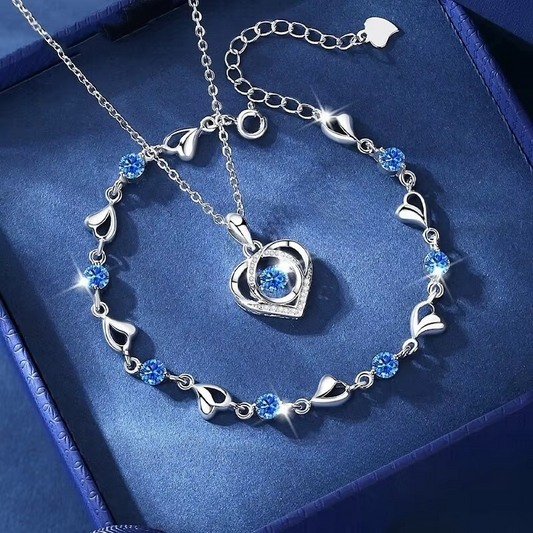 925 Sterling Silver Heart Blue Crystal Necklace & Bracelet Set for Women