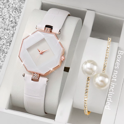 Women’s Fashion Leather Quartz Watch & Bracelet Set (2PCS)