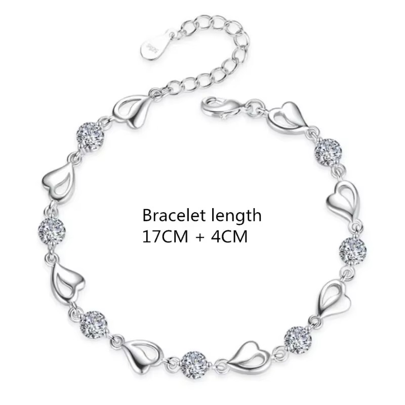 925 Sterling Silver Heart Blue Crystal Necklace & Bracelet Set for Women