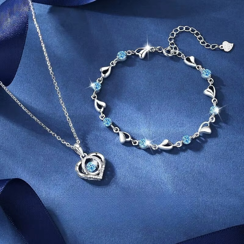 925 Sterling Silver Heart Blue Crystal Necklace & Bracelet Set for Women