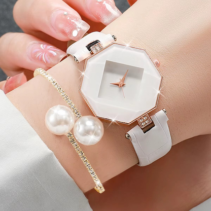 Women’s Fashion Leather Quartz Watch & Bracelet Set (2PCS)