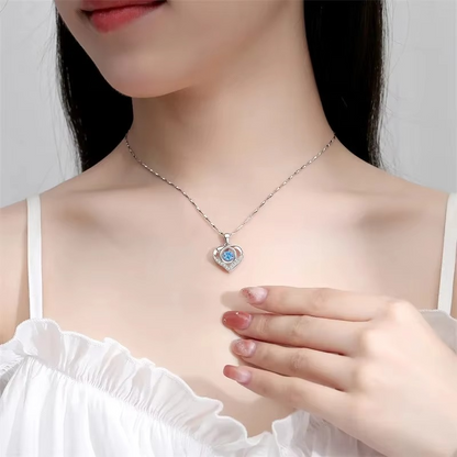 925 Sterling Silver Heart Blue Crystal Necklace & Bracelet Set for Women